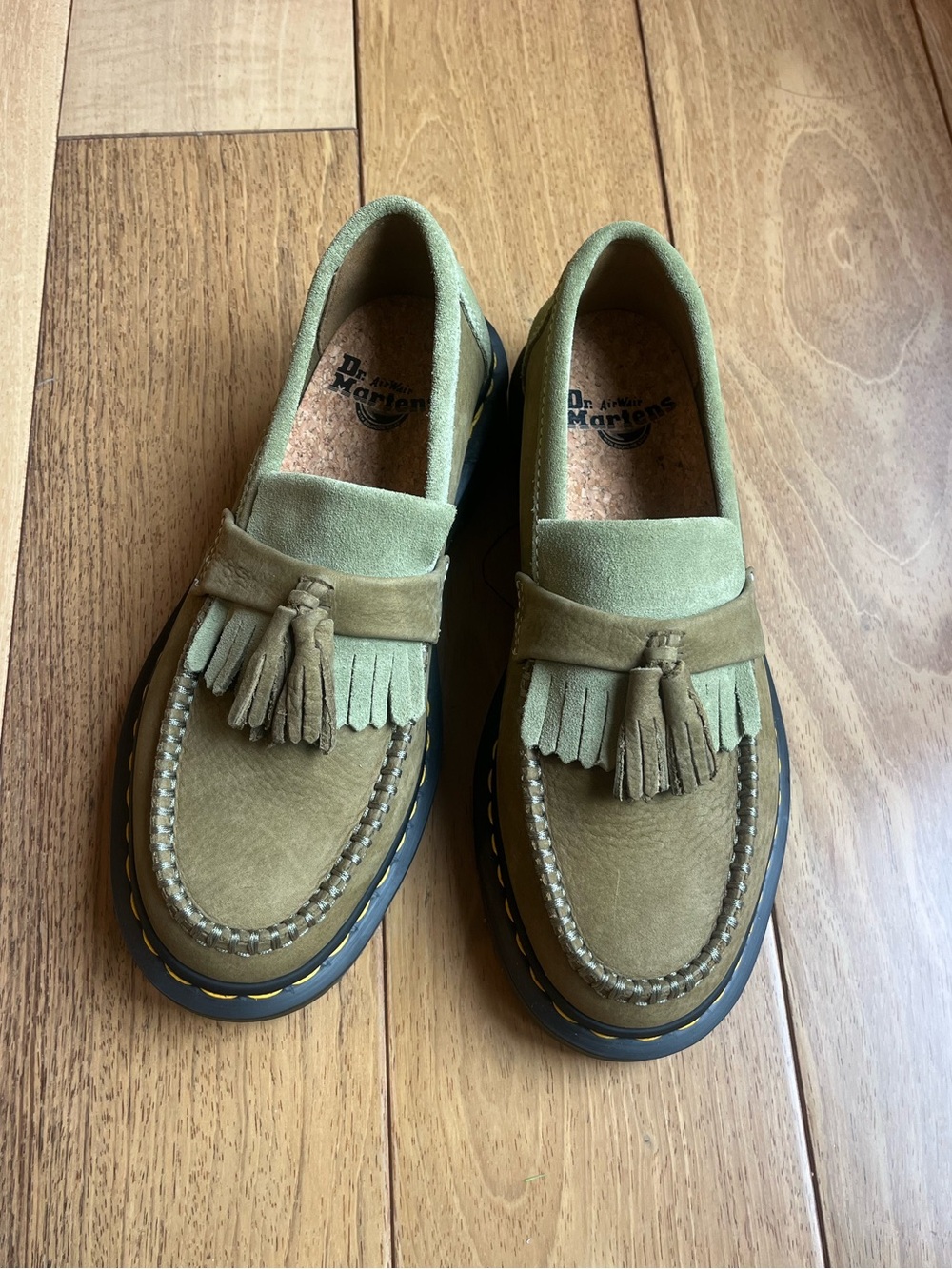 NWOB Dr. Martens Adrian Tumbled Nubuck Leather Tassel Loafers Olive Women’s Sz 8